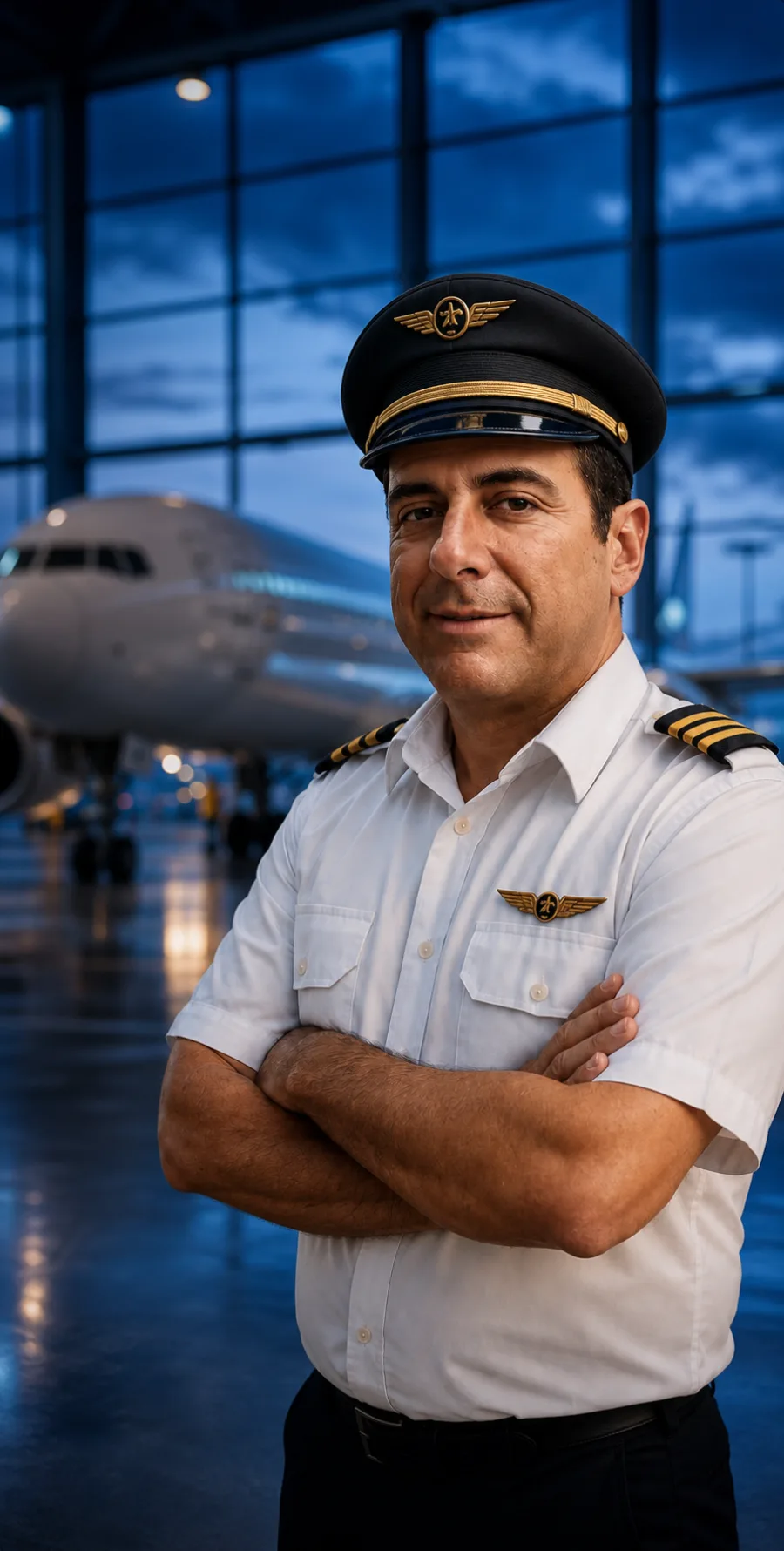 Commercial airline pilot in uniform and captain hat
