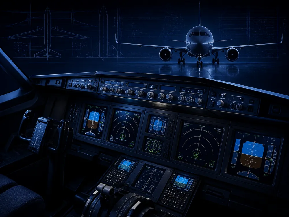 Modern narrow-body aircraft cockpit in a blue technical environment