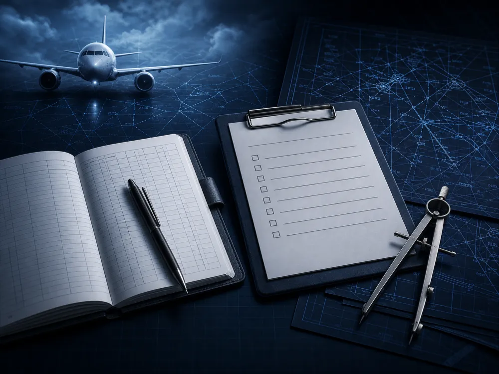 Pilot logbook, checklist and aviation charts