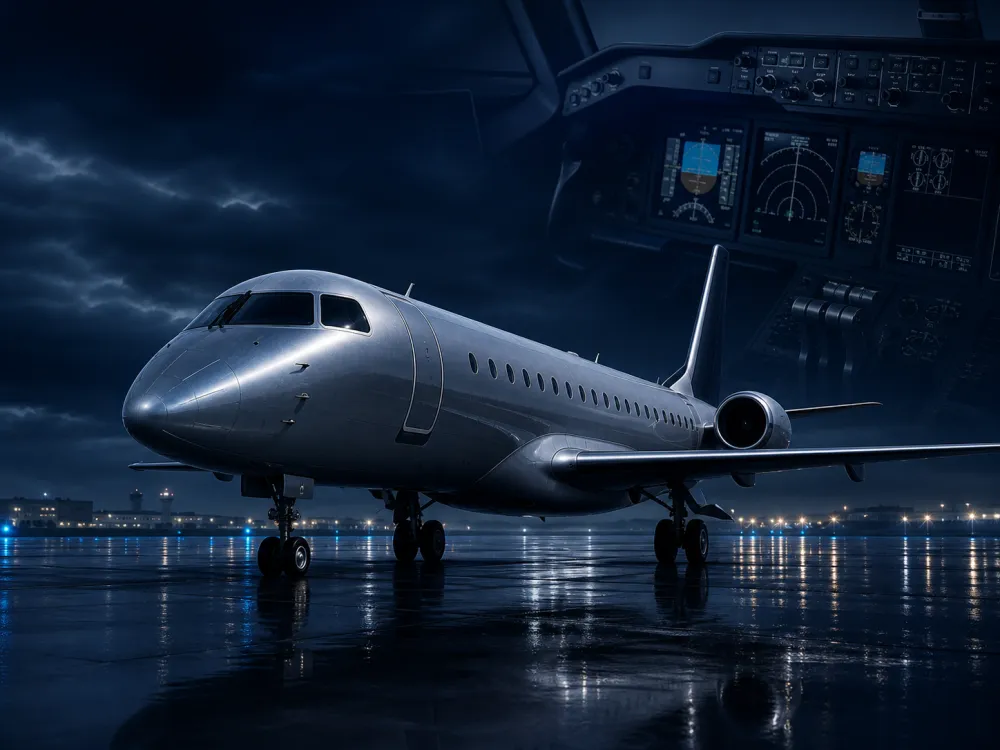 Regional jet on a rain-polished airport apron