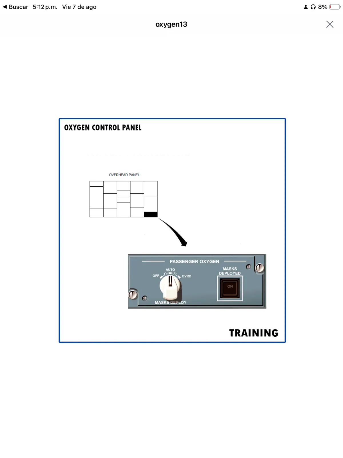 Passenger oxygen control panel training screen on iPad