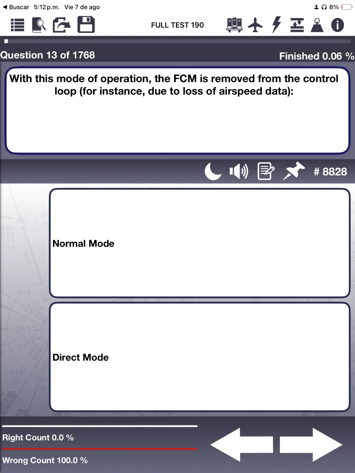 Full E190 test question screen on iPad