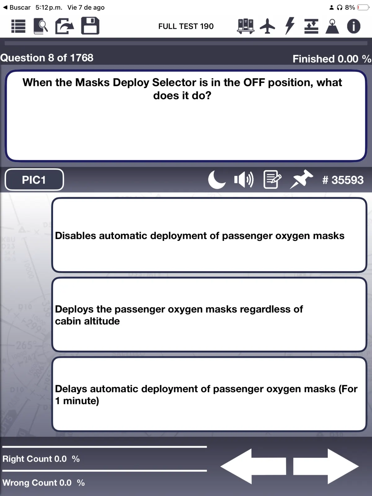 Passenger oxygen multiple-choice question on iPad